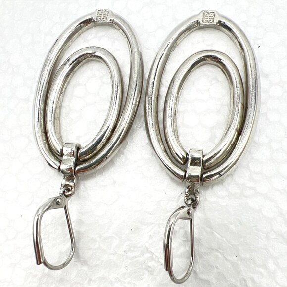Givenchy Earrings Pave Crystal Double Oval Drop Dangle Leverback Silver Tone - Picture 7 of 9
